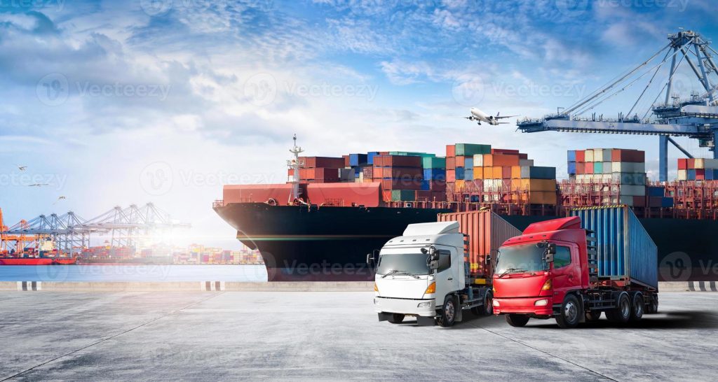 container cargo freight ship during discharging at industrial port and move containers to container yard by trucks cargo plane logistic import export background and transport industry concept photo
